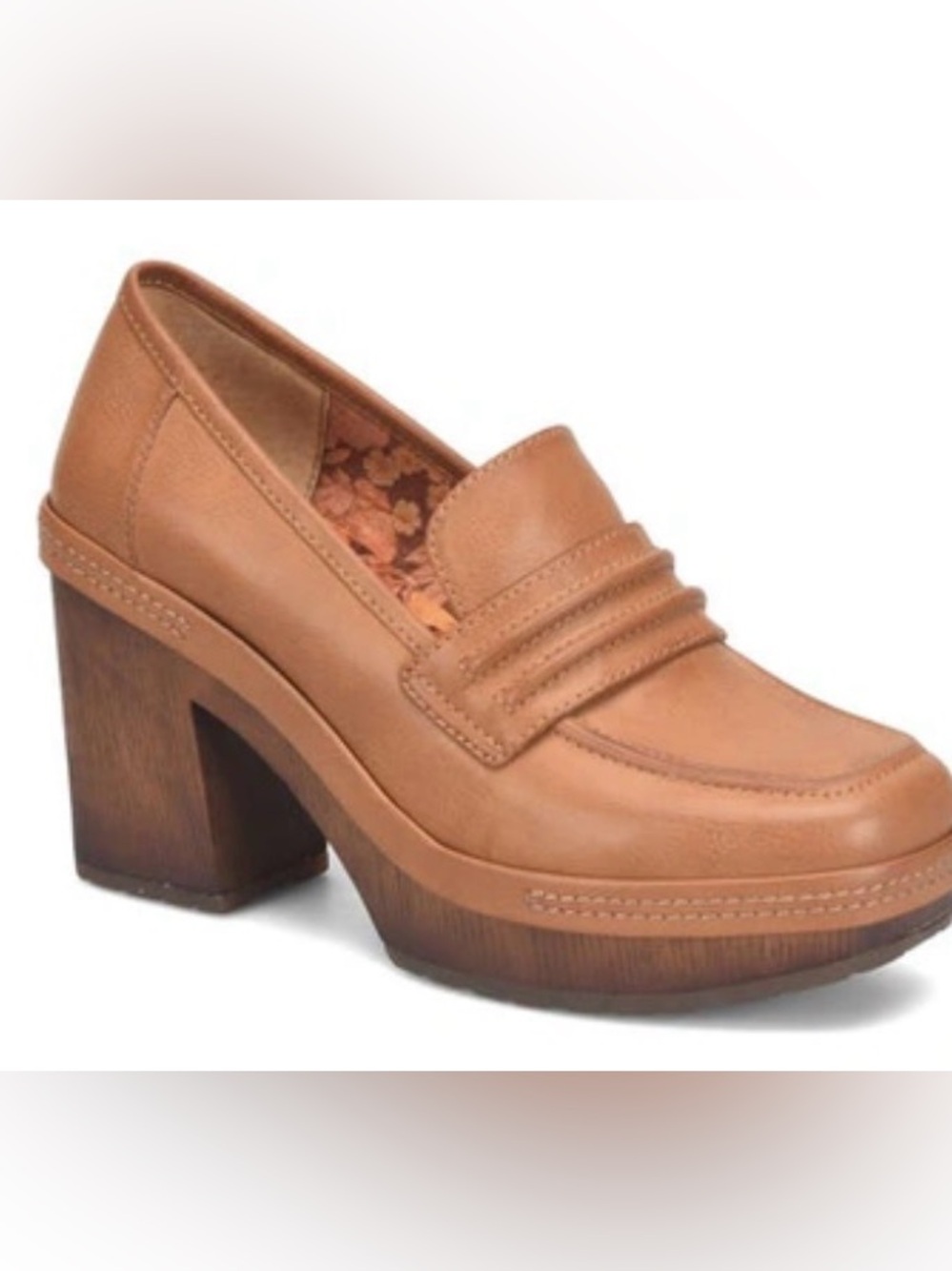Korks vintage Tan Platform Loafer with Wood-Effect Block Heel